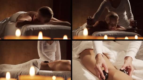 Young Healthy Beautiful Woman Gets Massage Therapy Spa Salon Collage — Vídeos de Stock