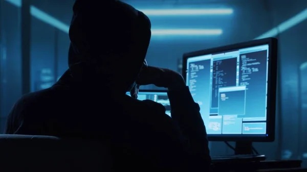 Hacker Computador Hoodie Cara Negra Obscurecida Ataque Hackers Software Infectado — Fotografia de Stock