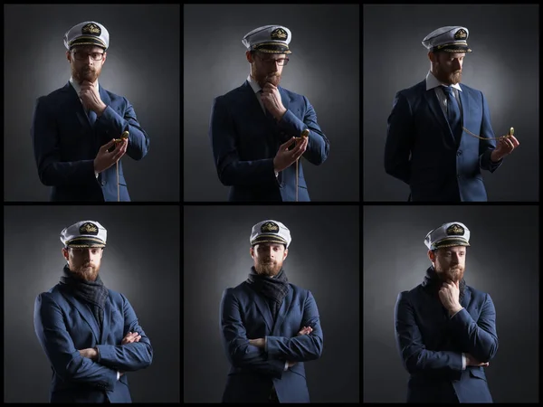 黒を背景にハンサムな船員の肖像画 ナビゲーション 海軍の概念 コラージュをセット — ストック写真