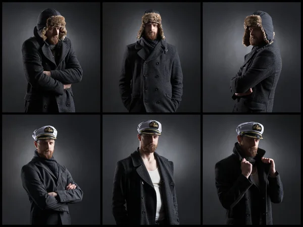 黒を背景にハンサムな船員の肖像画 ナビゲーション 海軍の概念 コラージュをセット — ストック写真