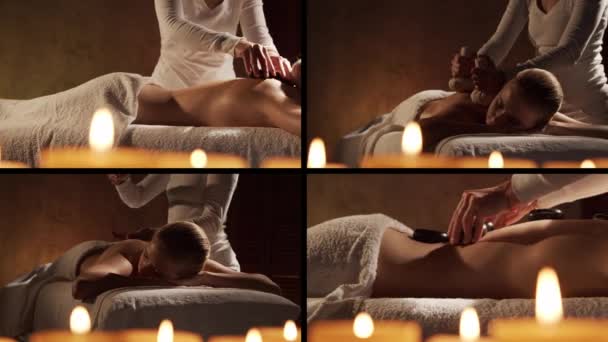 Young Healthy Beautiful Woman Gets Massage Therapy Spa Salon Collage — Stok Video