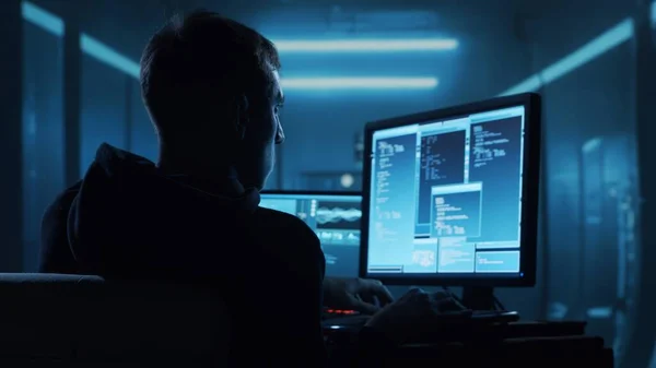 Kapüşonlu Bilgisayar Korsanı Karanlık Surat Hacker Attack Virüs Bulaşmış Yazılım — Stok fotoğraf