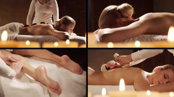 Young Healthy Beautiful Woman Gets Massage Therapy Spa Salon Collage — Stockvideo