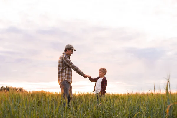 Farmer His Son Front Sunset Agricultural Landscape Man Boy Countryside — Foto Stock