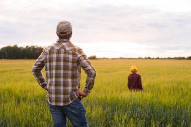 Çiftçi ve oğlu günbatımı tarımının önünde. Kırsalda bir adam ve bir çocuk. Babalık kavramı, köy hayatı, tarım ve kırsal yaşam tarzı..