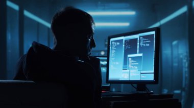 Kapüşonlu Bilgisayar Korsanı. Karanlık Surat. Hacker Attack, Virüs bulaşmış yazılım, Dark Web ve Siber Güvenlik Konsepti.
