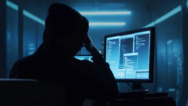 Haker Komputerowy Kapturze Zakryta Ciemna Twarz Atak Hakera Oprogramowanie Zainfekowane — Zdjęcie stockowe