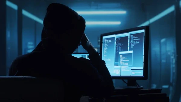 Computer Hacker Kapuzenpulli Dunkles Gesicht Hackerangriff Virus Infizierte Software Dark — Stockfoto