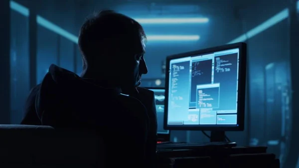 Υπολογιστή Χάκερ Στο Χούντι Απόφυγε Σκοτεινό Πρόσωπο Επίθεση Hacker Μολυσμένο — Φωτογραφία Αρχείου