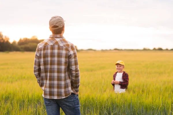Farmer His Son Front Sunset Agricultural Landscape Man Boy Countryside — 스톡 사진