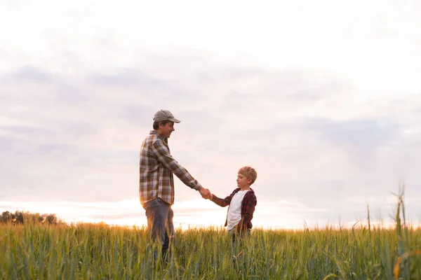 Farmer His Son Front Sunset Agricultural Landscape Man Boy Countryside — Foto de Stock