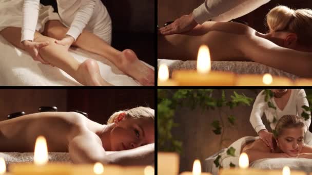Young Healthy Beautiful Woman Gets Massage Therapy Spa Salon Collage — Vídeos de Stock