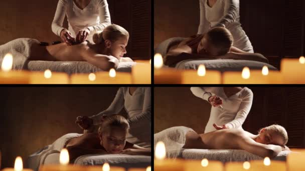 Young Healthy Beautiful Woman Gets Massage Therapy Spa Salon Collage — Videoclip de stoc