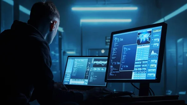 Computer Hacker Con Capucha Cara Oscura Oscurecida Ataque Del Hacker — Foto de Stock