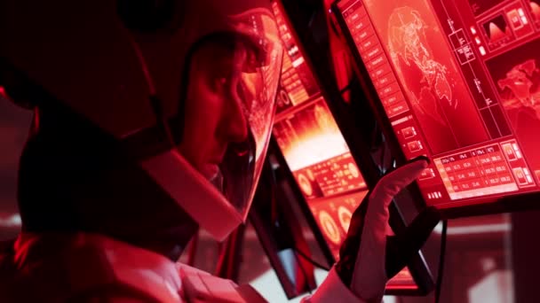 Astronaut Raumanzug Bord Der Marsstation Kosmonauten Steuern Das Raumschiff All — Stockvideo