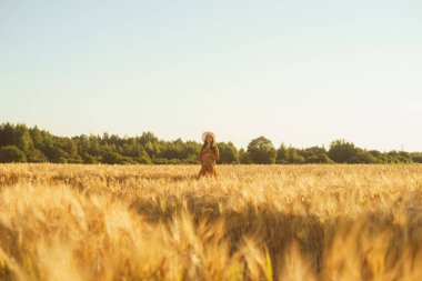 Günbatımında hamile bir kadın. Güzel bir genç kız bir çocuğun doğmasını umarak tarlada yürüyor. Annelik, hamilelik ve mutluluk kavramı..