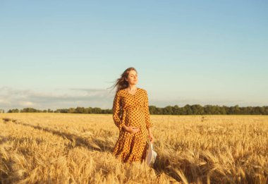 Günbatımında hamile bir kadın. Güzel bir genç kız bir çocuğun doğmasını umarak tarlada yürüyor. Annelik, hamilelik ve mutluluk kavramı..