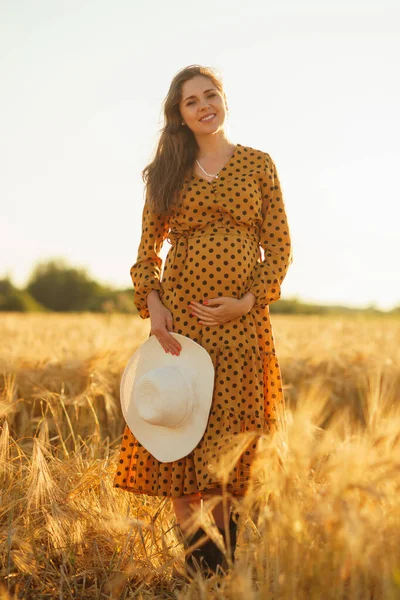 Έγκυος Στις Ακτίνες Του Ηλιοβασιλέματος Όμορφη Νεαρή Κοπέλα Περπατά Στο — Φωτογραφία Αρχείου
