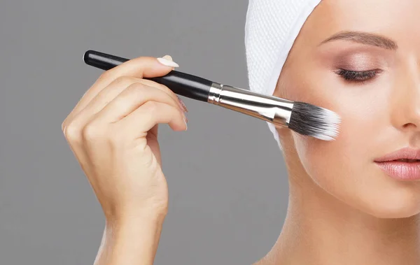 Beauty Portrait Young Attractive Woman Makeup Brush Make Cosmetics Concept — Stock Photo, Image