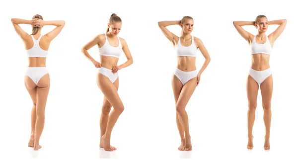Junge Und Schöne Schlanke Mädchen Weißen Badeanzug Posiert Vor Weißem — Stockfoto