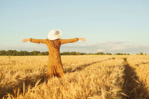 美しい若い女性が畑を歩き 手でライ麦に触れます 夕日の光の中で女の子 自由と幸福の概念 — ストック写真