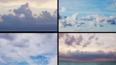 Sunset ve Cumulus Bulutları Güzel Mavi Gökyüzünde Uçuyor. Denizde Güneş Şafağı. Hava Durumu, İklim Değişikliği ve Küresel Isınma kavramı.