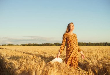 Günbatımında hamile bir kadın. Güzel bir genç kız bir çocuğun doğmasını umarak tarlada yürüyor. Annelik, hamilelik ve mutluluk kavramı..