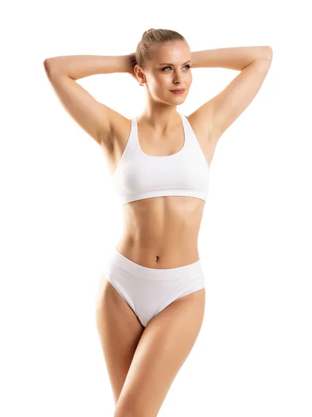 Young Beautiful Slender Girl White Swimsuit Posing White Background Concept — Stock Photo, Image