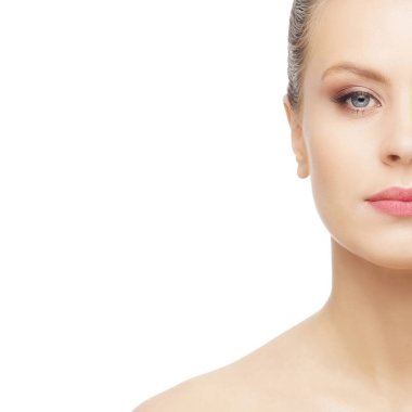 Close-up portrait of beautiful, fresh, healthy and sensual girl over isolated white background