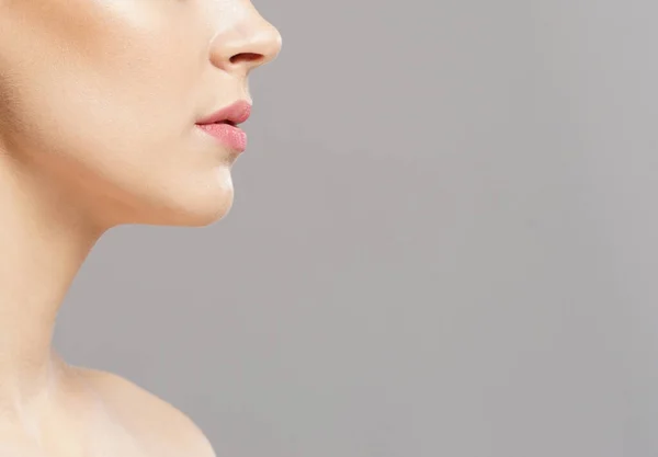 Close Portrait Beautiful Fresh Healthy Sensual Girl Isolated Grey Background — Stockfoto