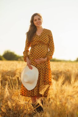 Günbatımında hamile bir kadın. Güzel bir genç kız bir çocuğun doğmasını umarak tarlada yürüyor. Annelik, hamilelik ve mutluluk kavramı..
