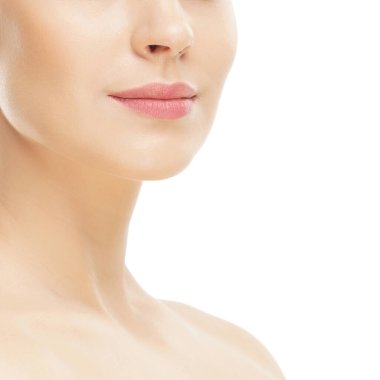 Close-up portrait of beautiful, fresh, healthy and sensual girl over isolated white background