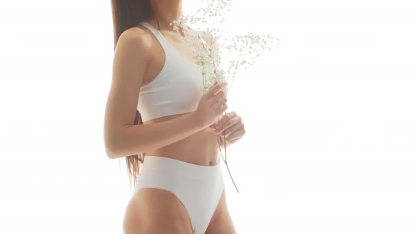Beautiful Woman White Underwear Isolated White Background Close Studio Video — Stock Video