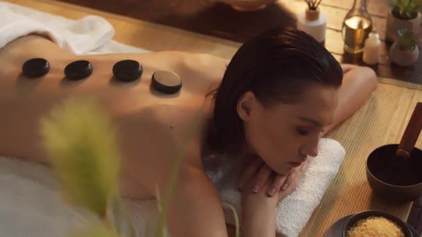 Young Healthy Beautiful Woman Receive Massage Therapy Spa Salon Symbolizing — Stok Video