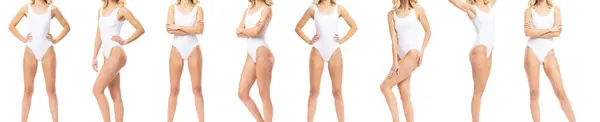 Young Fit Happy Beautiful Woman White Swimsuit Isolated White Background — Stock Photo, Image