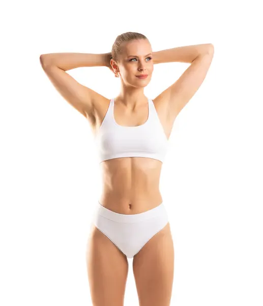 Young Fit Beautiful Woman White Swimsuit White Background Healthcare Diet — Stock Photo, Image