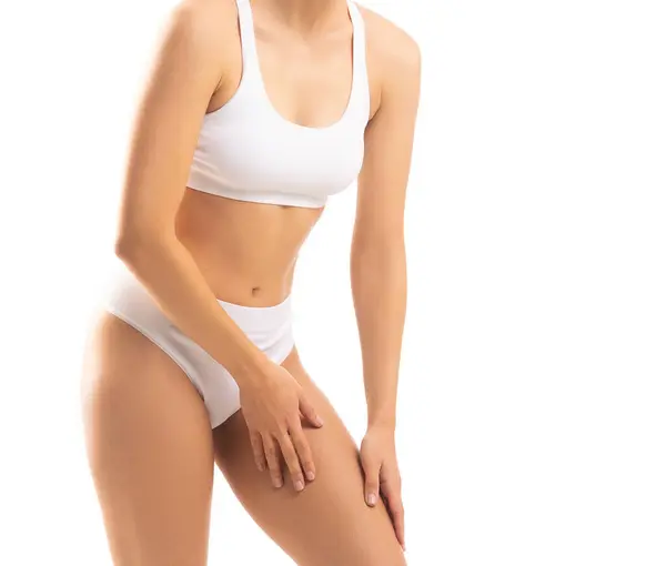 白い背景に白い水着の若く フィットし 美しい女性 ヘルスケア ダイエット スポーツ フィットネスコンセプト ストックフォト