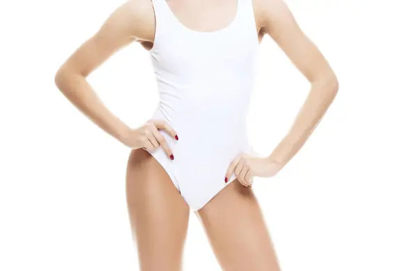 Mujer Joven Forma Hermosa Traje Baño Blanco Sobre Fondo Blanco Fotos de stock