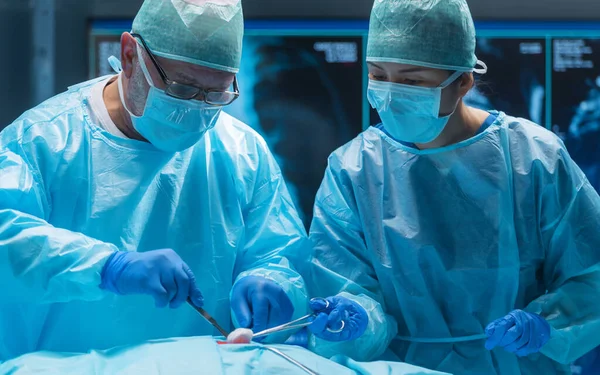 医療従事者の多様なチームは ハイテク機器と技術を使用して現代の手術室で外科手術を行います 外科医は病院で患者を救うために働いている ストック写真