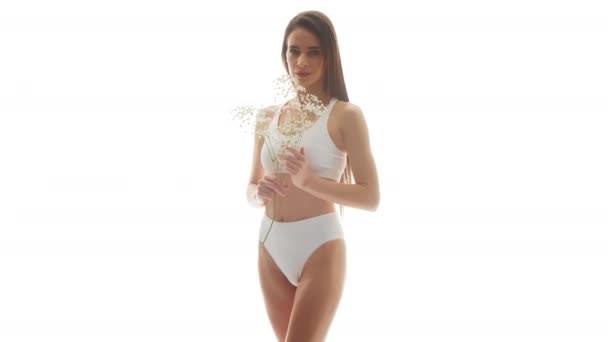 Beautiful Woman White Underwear Holding White Flower Isolated White Background — Stock Video