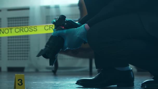 Detective Collecting Evidence Crime Scene Forensic Specialists Making Expertise Home — Vídeo de stock