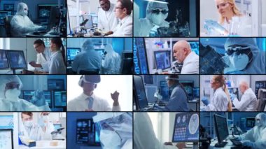 Bilim, araştırma ve laboratuvar işi kavramı. Çeşitli insanlar modern bilim laboratuvarlarında çalışıyor. Doktorlar, profesörler ve laboratuvar asistanları tıbbi, nanoteknolojik ve mikro elektronik araştırmalar yürütüyorlar.