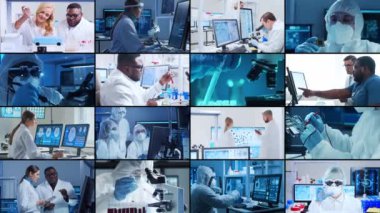 Bilim, araştırma ve laboratuvar işi kavramı. Çeşitli insanlar modern bilim laboratuvarlarında çalışıyor. Doktorlar, profesörler ve laboratuvar asistanları tıbbi, nanoteknolojik ve mikro elektronik araştırmalar yürütüyorlar.