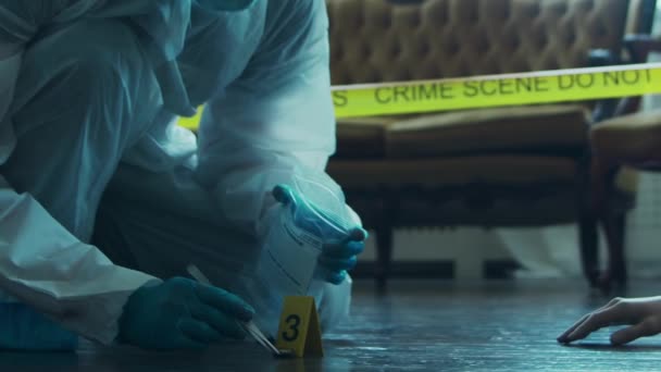 侦探在犯罪现场搜集证据 法医专家在死者家中提供专门知识 专业警务人员进行的凶杀调查 — 图库视频影像