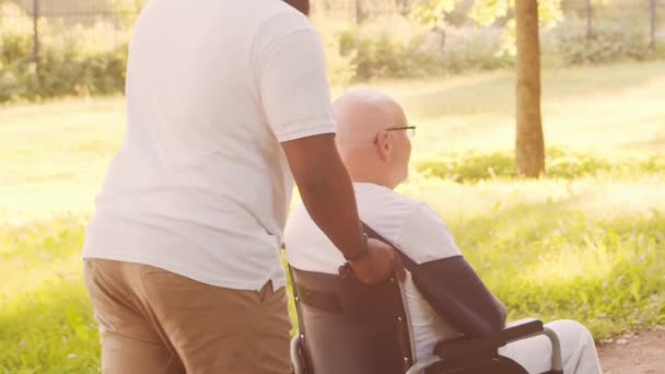 Afroamerykanin Opiekun Staruszek Profesjonalna Pielęgniarka Jego Pacjent Domu Opieki Koncepcja — Wideo stockowe