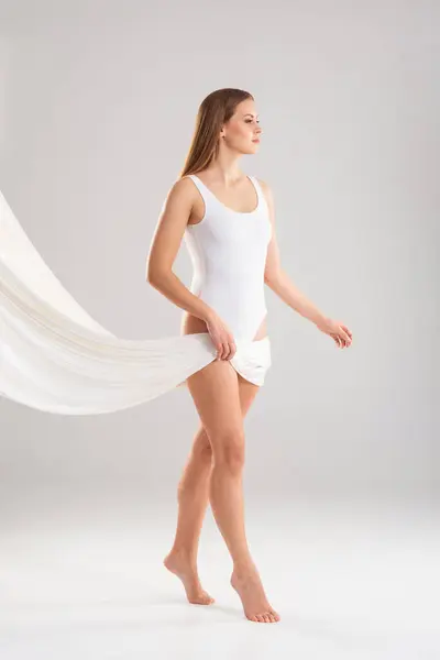 Young Fit Beautiful Blond Woman White Swimsuit Isolated Grey Background Telifsiz Stok Imajlar