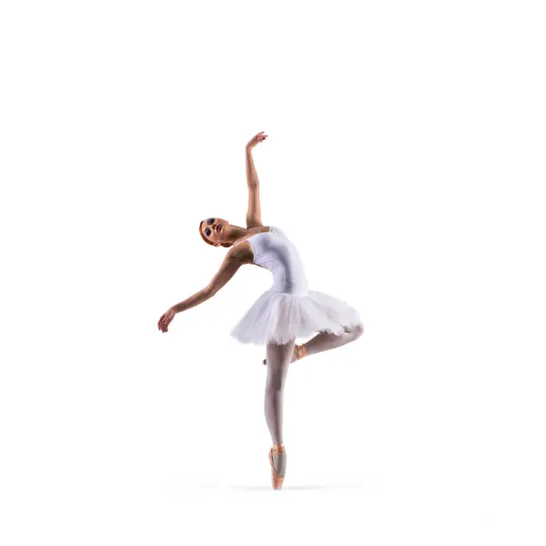 Balletttänzer Isoliert Vor Weißem Hintergrund Schöne Ballerina Tritt Studio Auf lizenzfreie Stockfotos