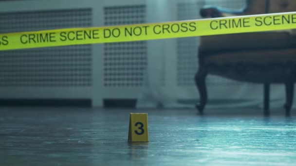 Closeup Crime Scene Deceased Persons Home Dead Man Police Line — стоковое видео