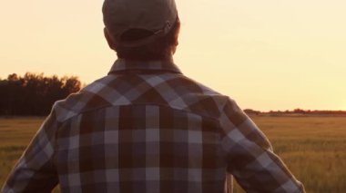 Farmer in front of a sunset agricultural landscape. Man in a countryside field. The concept of country life, food production, farming and country lifestyle.