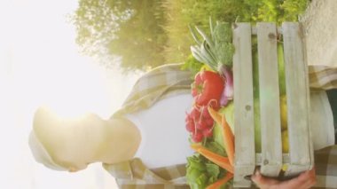 Günbatımı tarımının önündeki çiftçi. Kırsal kesimde bir adam. Kır hayatı, gıda üretimi, tarım ve kırsal yaşam tarzı kavramı.